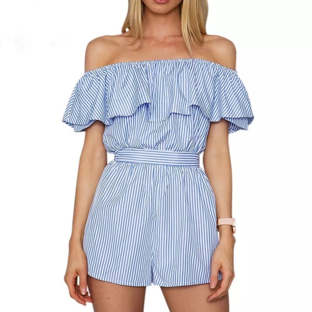 Blue Striped Off Shoulder Jumpsuit with Tie Waist - Picture 6 of 14